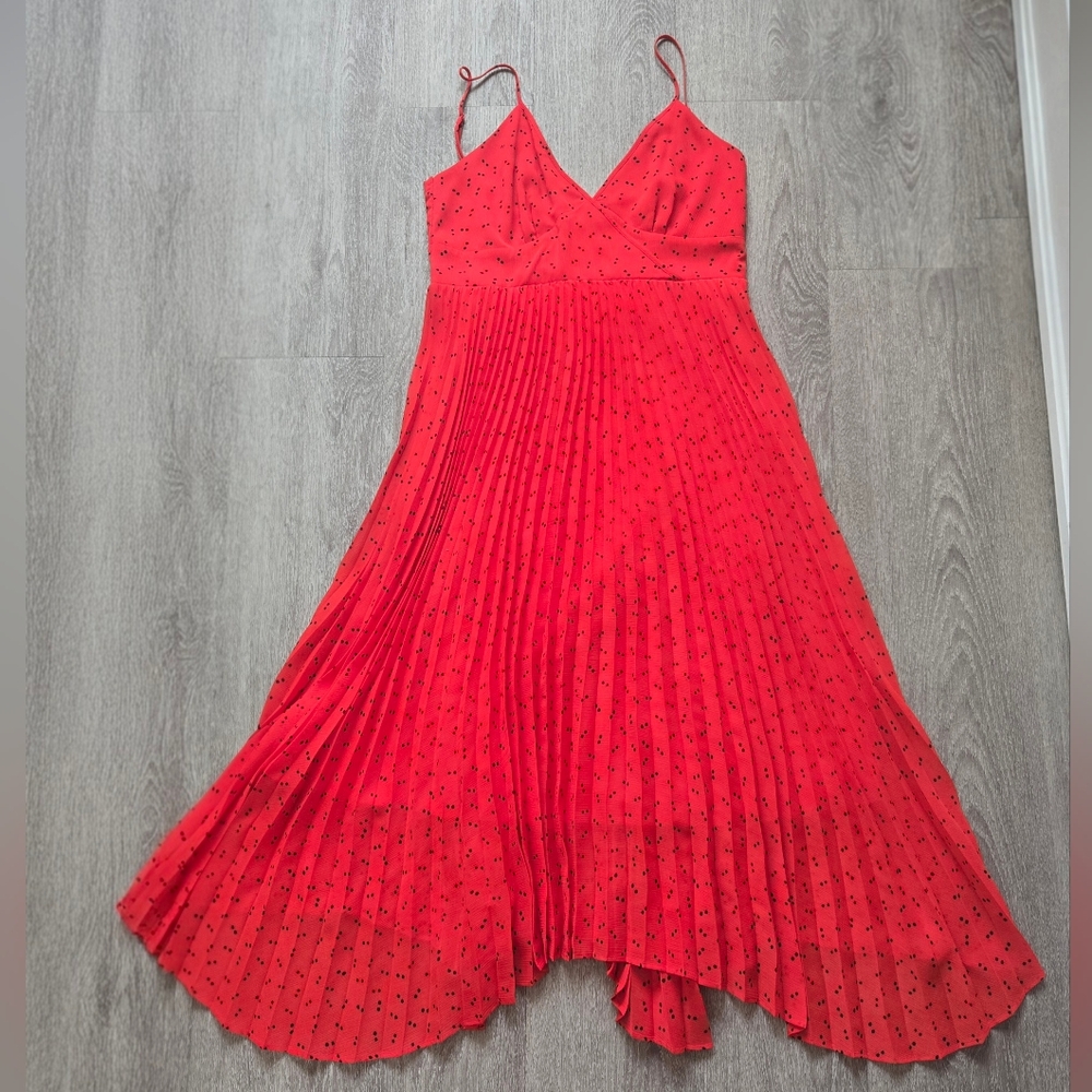 UNIQLO :C Red Polka Dot Pleated Cami Dress Asymmetrical Hem Size M